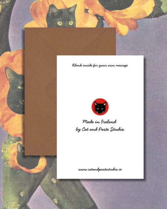 Funky Orange Flower Cat Greetings Card