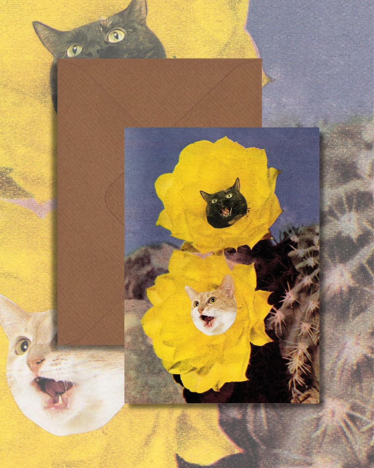 Funky Yellow Flower Cat Greetings Card